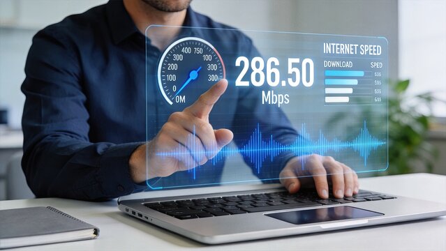Man testing internet speed on futuristic holographic interface, digital dashboard showing fast download bandwidth and network performance metrics for modern technology concept.