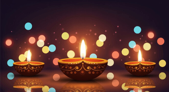 Three ornamental clay oil lamps with burning flames on a glossy reflective surface set against a dark background with blurred colorful bokeh light circles for Diwali celebrations.