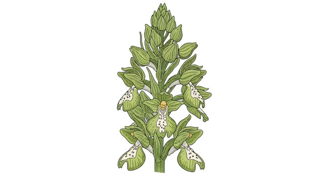 Detailed botanical vector illustration of a wild Anacamptis orchid flower spike showing green sepals and white spotted labellum details, isolated on white for nature and science study.