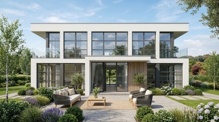 Fototapeta premium 3D rendering modern two-story building office with expansive glass facade and contemporary architectural