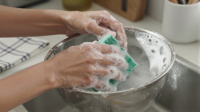 Hands scrubbing a metal bowl with soapy sponge, creating foam bubbles.