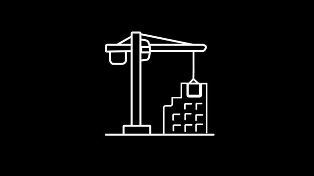 White Outline Construction Crane Building Abstract Icon on Black Background image photo