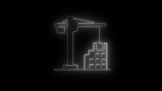 White Neon Glow Construction Crane Building Icon on Black Background image photo