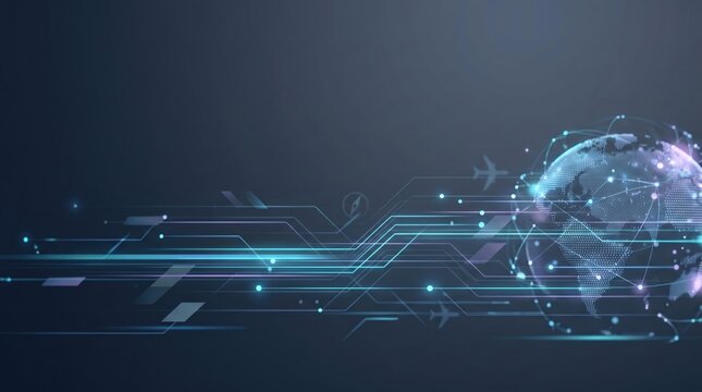 Global Logistics Network Digital Concept with Glowing Circuit Lines and Airplane Icons for International Supply Chain Management and Worldwide Transportation Technology Background