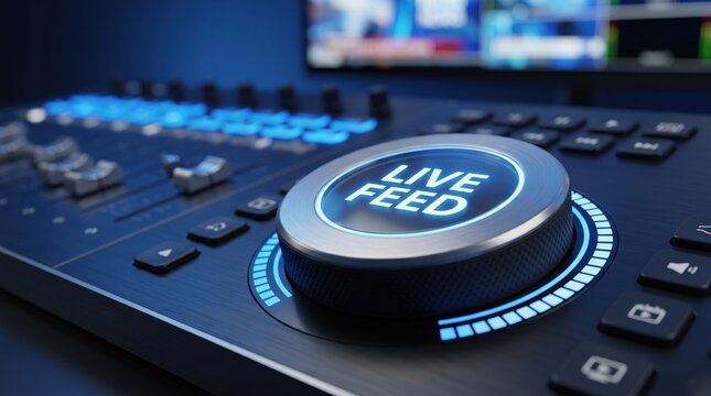 Close up of glowing live feed button on professional broadcast mixing console control panel for television studio production and media streaming.