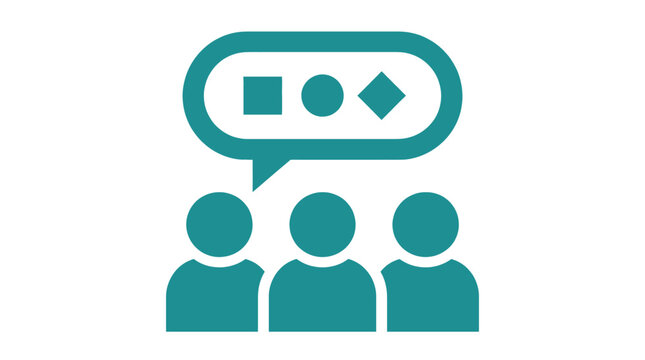 Teal group people icon sharing speech bubble containing abstract geometric shapes representing unique collective communication ideas and collaborative concept