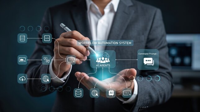 Workflow automation system with AI agents, business professional using digital interface for process optimization
