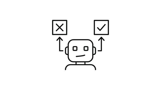 Simple line art icon depicting a robot assistant evaluating options with arrows pointing up to a checkbox and a crossmark