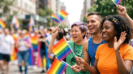Naklejka premium Diverse group of young adult friends celebrating LGBTQ pride parade with rainbow flags, joyful multiethnic people smiling and waving during outdoor summer equality march