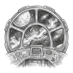 Obraz premium Spacecraft cockpit view with planets, stars and galaxy.