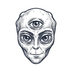 Obraz premium Three-eyed alien face sketch, extraterrestrial life concept, sci-fi illustration