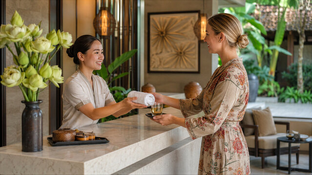 Western Woman Receiving Towel and Herbal Tea at a Vietnam Luxury Spa Reception
