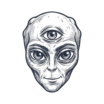 Three-eyed alien face sketch, extraterrestrial life concept, sci-fi illustration