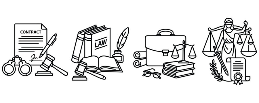 Law and justice line icons with contract and scales set.