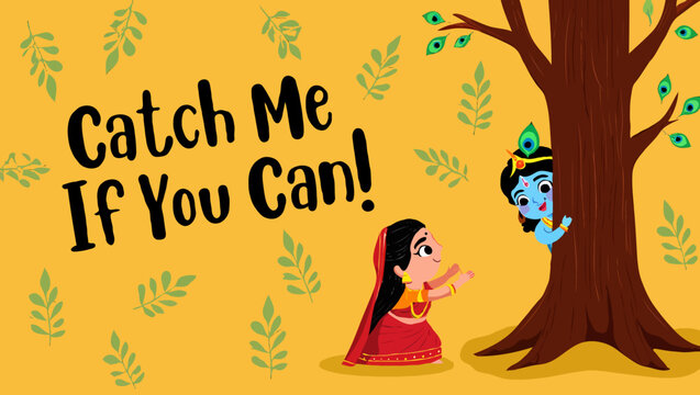 Cartoon illustration krishna and radha playing hide and seek near tree
