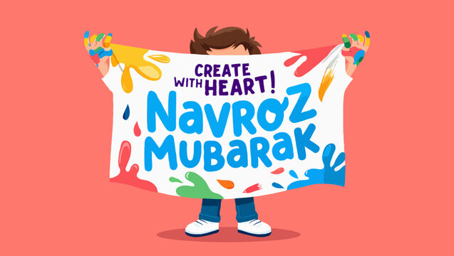 Illustration a child holding a banner celebrating navroz mubarak