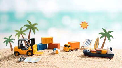 Obraz premium Miniature logistics supply chain concept on tropical beach with forklift truck cargo ship and containers representing summer shipping and global trade vacation