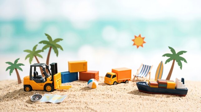 Miniature logistics supply chain concept on tropical beach with forklift truck cargo ship and containers representing summer shipping and global trade vacation