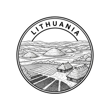 Lithuania traditional village illustration, rural landscape, historical architecture, agricultural fields