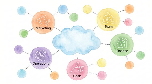 Watercolor Mind Map Cloud Chart with Abstract Circles for Business Strategy and Marketing Presentation