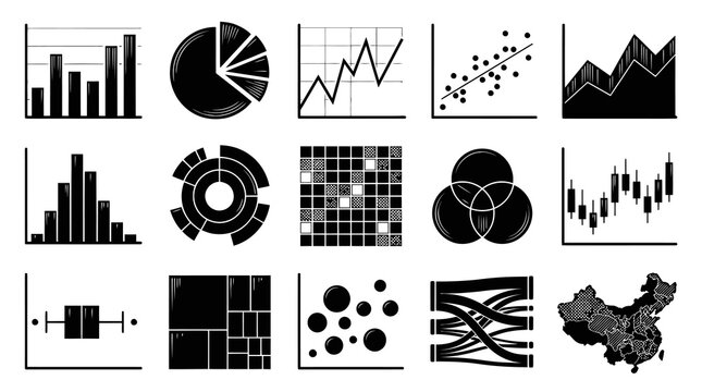Black  White Line Art Data Visualization Icons Set: Business Charts, Financial Graphs, and Statistical Diagrams