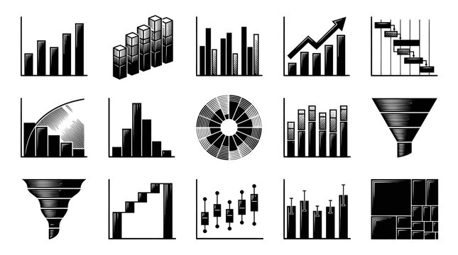 Monochrome Hand-drawn Business  Finance Data Analytics Charts  Graphs Vector Illustration Set