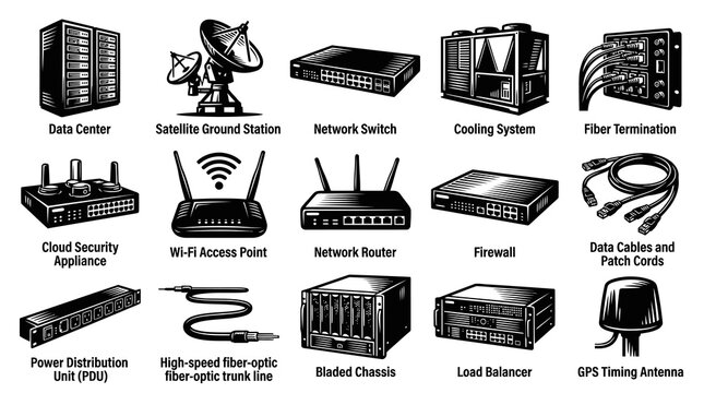 Technology Network Equipment Icons - Data Center, Router, Cables, Server, Firewall, GPS Antenna