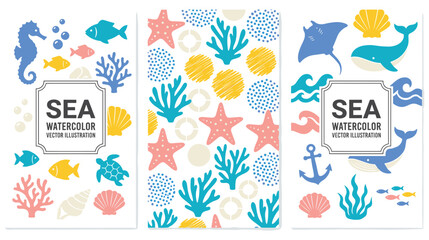 Sea watercolor vector illustration with marine life and objects. © MDTAZBIRHOSSAIN