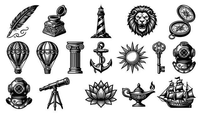 Vintage Nautical  Travel Icons: Black  White Line Art Set