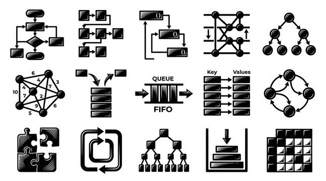 Modern Black  White Glyph Icons: Data Structures, Algorithms, and Programming Concepts in Technology