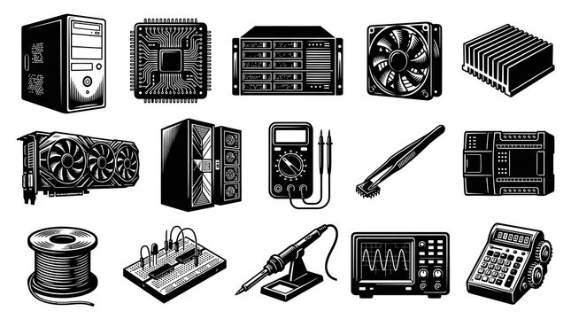 Electronic Components  Devices - Black and White Vector Icons Set