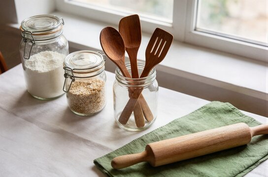 Glass jars filled with ingredients and wooden baking utensils on kitchen table for homemade pastry cooking class and recipe blog background