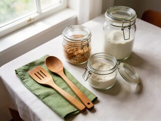 Fototapeta premium Pantry organization glass jars filled with grains and baking ingredients on linen tablecloth for sustainable home and kitchenware product advertising