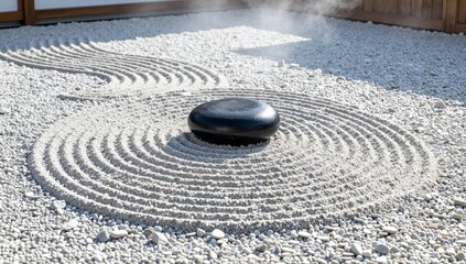Naklejka premium Zen Garden with Raked Gravel Patterns and Single Black Stone