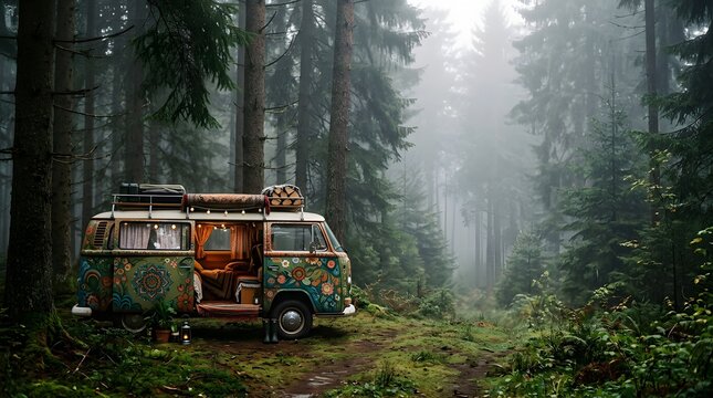 Decorated retro camper van parked in a misty pine forest for camping