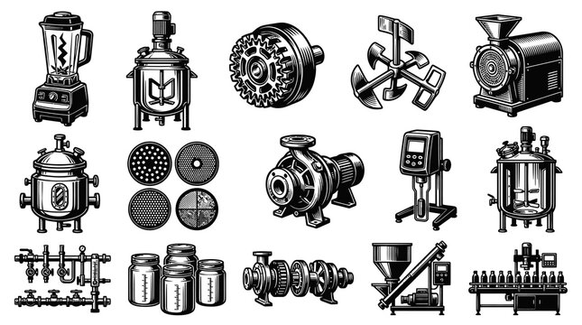 Industrial Processing  Food Manufacturing Equipment Engraved Black  White Line Art Set