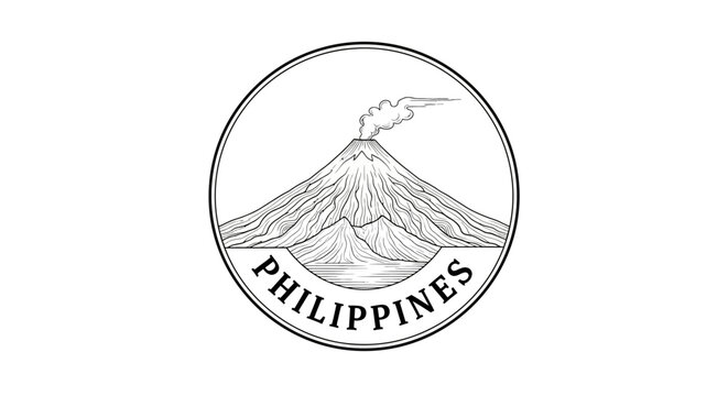 Philippine Volcano Emblem: Majestic Mountain Peak with Smoke and Water