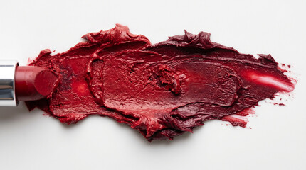 Fototapeta premium Smeared Deep Red Lipstick Texture on White Background