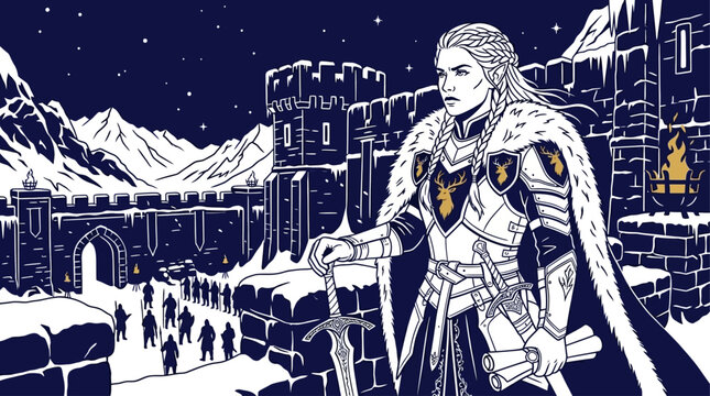Fantasy Elven Commander in Armor Standing Before a Snowy Castle at Night