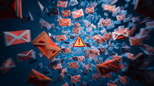 A visually striking depiction of overflowing emails with a warning symbol in the center, creating a sense of urgency and alert.
