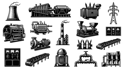 Fototapeta premium Black White Line Art Industrial Power Plant Equipment Set, Vector Illustration