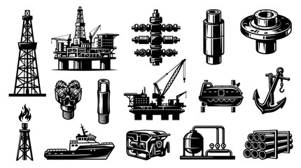 Obraz premium Black and White Vector Icons of Oil and Gas Industry Equipment and Machinery