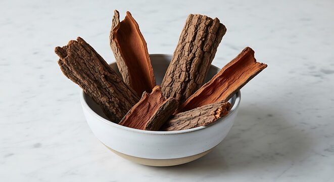 A ceramic bowl filled with pieces of dried cinchona bark resting on a white marble surface, captured in a clean studio setting with soft natural light.
