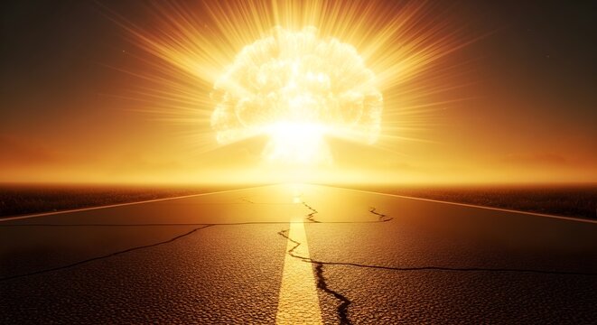 An atomic mushroom cloud explosion illuminating the sky above a cracked asphalt road stretching to the horizon