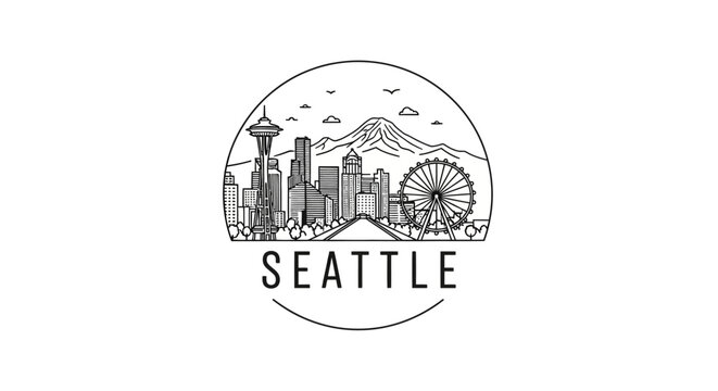 Seattle Cityscape Hand Drawn Illustration - Skyline, Space Needle, Ferris Wheel, Mountains