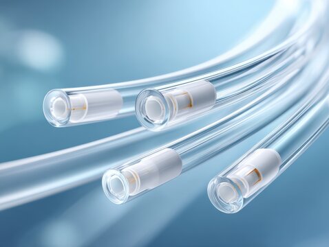 Medical Catheter Closeup: A detailed, close-up view of sterile medical catheters, highlighting their transparent tubing and connection components against a soft blue, gradient background.