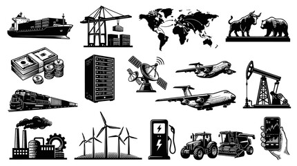 Obraz premium Global Economy, Industry, Business, Technology Finance Vector Icons Set