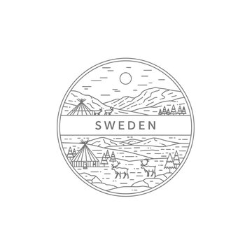 Sweden Landscape Badge with Reindeer and Sami Tent, Lapland Nature Icon