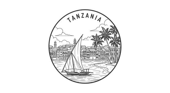 Tanzania Dhow Sailboat Village Coastline Palm Trees Circle Icon Sketch