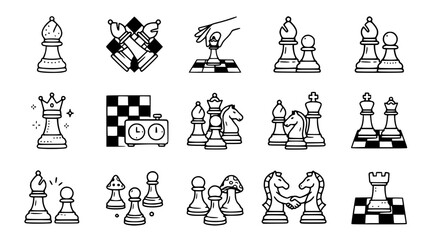Obraz premium Hand-drawn Chess Pieces and Board Icons Set - Strategy Game Symbols